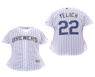 Women's Milwaukee Brewers #22 Christian Yelich White Pinstripe Stitched MLB Cool Base Jersey