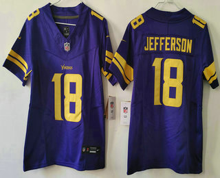Women's Minnesota Vikings #18 Justin Jefferson Purple 2023 FUSE Color Rush Vapor Limited Jersey