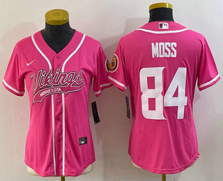 Women's Minnesota Vikings #84 Randy Moss Pink With Patch Cool Base Stitched Baseball Jersey