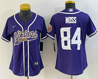 Women's Minnesota Vikings #84 Randy Moss Purple With Patch Cool Base Stitched Baseball Jersey