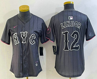 Women's New York Mets #12 Francisco Lindor Grey 2024 City Connect Cool Base Stitched Jersey