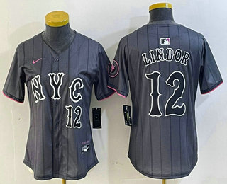 Women's New York Mets #12 Francisco Lindor Number Grey 2024 City Connect Cool Base Stitched Jersey