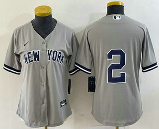 Women's New York Yankees #2 Derek Jeter Grey No Name Stitched Cool Base Jersey