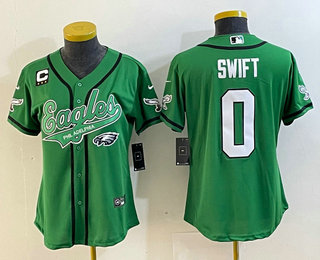 Women's Philadelphia Eagles #0 DAndre Swift Green C Patch Cool Base Stitched Baseball Jersey