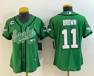 Women's Philadelphia Eagles #11 AJ Brown Green C Patch Cool Base Stitched Baseball Jersey 01