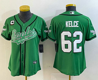 Women's Philadelphia Eagles #62 Jason Kelce Green C Patch Cool Base Stitched Baseball Jersey 01