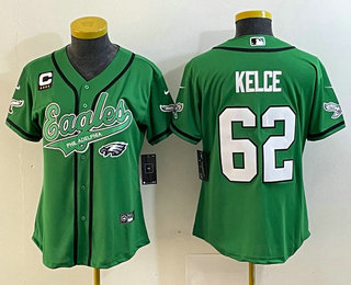 Women's Philadelphia Eagles #62 Jason Kelce Green C Patch Cool Base Stitched Baseball Jersey