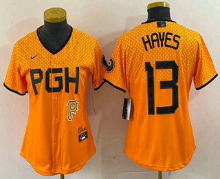 Women's Pittsburgh Pirates #13 KeBryan Hayes Yellow 2023 City Connect Stitched Jersey 01