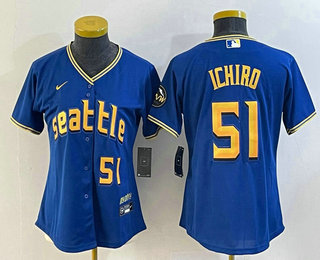Women's Seattle Mariners #51 Ichiro Suzuki Number Blue 2023 City Connect Cool Base Stitched Jersey 01
