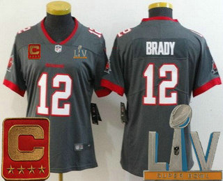 Women's Tampa Bay Buccaneers #12 Tom Brady Limited Pewter Captain Patch 2021 Super Bowl LV Bound Vapor Untouchable Jersey