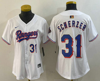 Women's Texas Rangers #31 Max Scherzer Number White 2024 Gold Collection Limited Cool Base Jersey 11