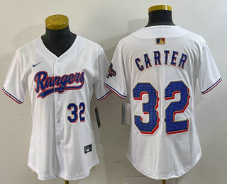 Women's Texas Rangers #32 Evan Carter Number White 2024 Gold Collection Limited Cool Base Jersey 13