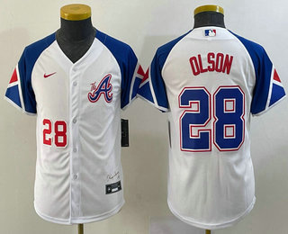 Youth Atlanta Braves #28 Matt Olson Number White 2023 City Connect Cool Base Stitched Jersey 01