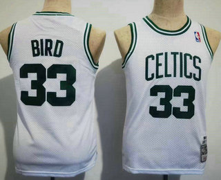Youth Boston Celtics #33 Larry Bird 1985-86 White Hardwood Classics Soul Swingman Stitched NBA Throwback Jersey