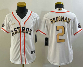 Youth Houston Astros #2 Alex Bregman 2023 White Gold World Serise Champions Patch Cool Base Stitched Jersey 01