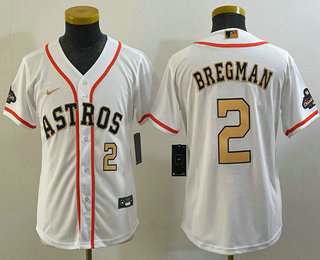 Youth Houston Astros #2 Alex Bregman Number 2023 White Gold World Serise Champions Patch Cool Base Stitched Jersey 02