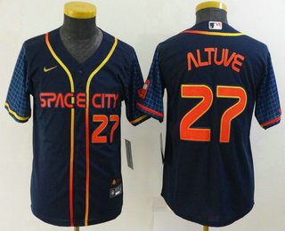 Youth Houston Astros #27 Jose Altuve Number 2022 Navy Blue City Connect Cool Base Stitched Jersey