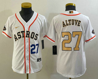 Youth Houston Astros #27 Jose Altuve Number 2023 White Gold World Serise Champions Patch Cool Base Stitched Jersey 01