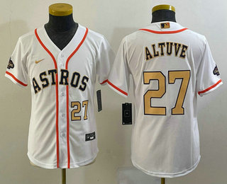 Youth Houston Astros #27 Jose Altuve Number 2023 White Gold World Serise Champions Patch Cool Base Stitched Jersey 02