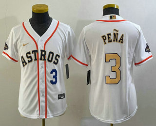 Youth Houston Astros #3 Jeremy Pena Number 2023 White Gold World Serise Champions Patch Cool Base Stitched Jersey 01