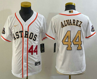 Youth Houston Astros #44 Yordan Alvarez Number 2023 White Gold World Serise Champions Patch Cool Base Stitched Jersey 02
