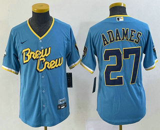 Youth Milwaukee Brewers #27 Willy Adames Blue 2022 City Connect Cool Base Stitched Jersey
