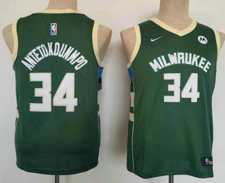 Youth Milwaukee Bucks #34 Giannis Antetokounmpo Green 2021 Stitched Jersey With Sponsor