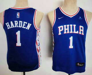 Youth Philadelphia 76ers #1 James Harden Blue Nike 2021 Stitched Jersey With Sponsor