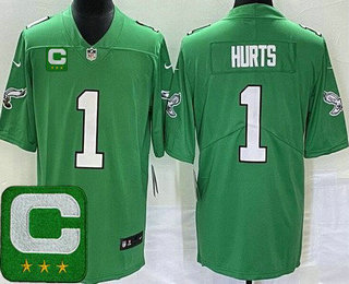Youth Philadelphia Eagles #1 Jalen Hurts Limited Kelly Green C Patch Vapor Jersey
