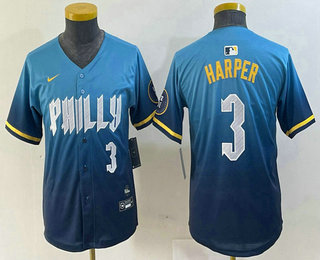 Youth Philadelphia Phillies #3 Bryce Harper Number Blue 2024 City Connect Limited Stitched Jersey