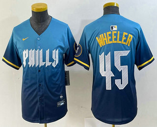 Youth Philadelphia Phillies #45 Zack Wheeler Blue 2024 City Cool Base Stitched Jersey