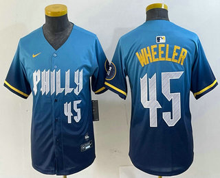 Youth Philadelphia Phillies #45 Zack Wheeler Blue 2024 City Player Number Cool Base Stitched Jersey