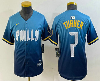 Youth Philadelphia Phillies #7 Trea Turner Blue 2024 City Connect Limited Stitched Jersey