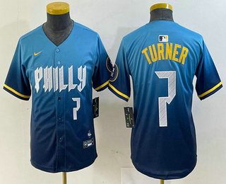Youth Philadelphia Phillies #7 Trea Turner Number Blue 2024 City Connect Limited Stitched Jersey