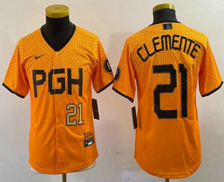 Youth Pittsburgh Pirates #21 Roberto Clemente Number Yellow 2023 City Connect Stitched Jersey 02