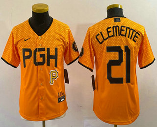 Youth Pittsburgh Pirates #21 Roberto Clemente Number Yellow 2023 City Connect Stitched Jersey 03