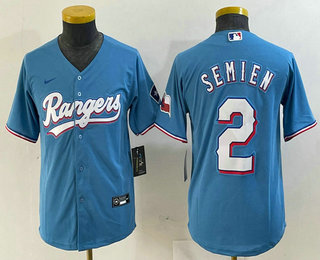 Youth Texas Rangers #2 Marcus Semien Light Blue Team Logo Cool Base Jersey