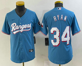 Youth Texas Rangers #34 Nolan Ryan Light Blue Team Logo Cool Base Jersey