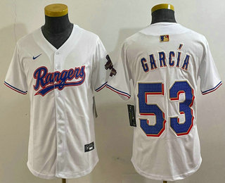 Youth Texas Rangers #53 Adolis Garcia White 2024 Gold Collection Limited Cool Base Jersey 11